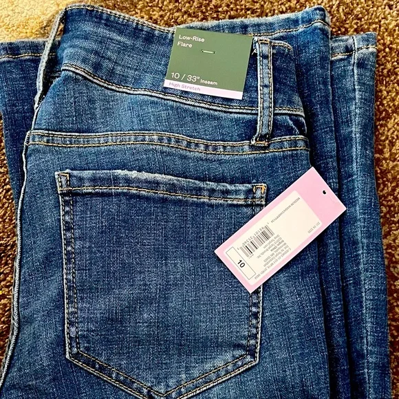 Low-Rise, FLARE, STRETCH denim jeans; women’s SIZE 10; Medium wash; “Wild Fable” - Picture 3 of 4